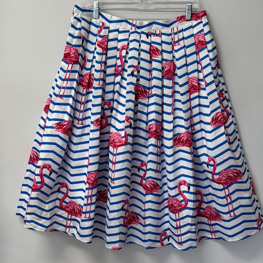 Chicwish Blue White Pleated A-Line Midi Skirt Resort Wear Flamingos XXL